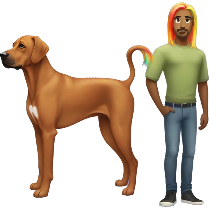 white male with long rainbow colored hair standing alongside a brown rhodesian ridgeback emoji