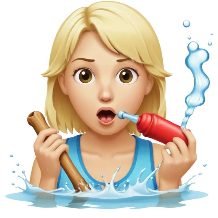 blond woman eating a wide stick the same color as her skin, with a round knob on the edge, water stream squirting directly from the knob into her open mouth, surprised expression emoji