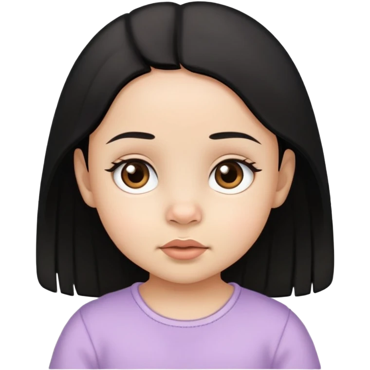 Uma bebê menina de pele clara e olhos castanhos, cabelo preto, nariz fino emoji