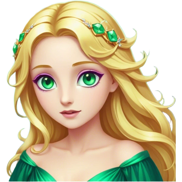Cinematic Stunning Rapunzel Portrait Emoji, Golden hair cascading in a luminous waterfall, big emerald-green eyes full of wonder, wearing her iconic purple gown, radiating beauty and magic, glowing with fairy-tale charm! emoji