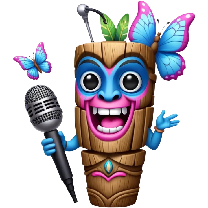 Cartoon Blue and pink tiki singing with butterfly and in the mikrophone emoji