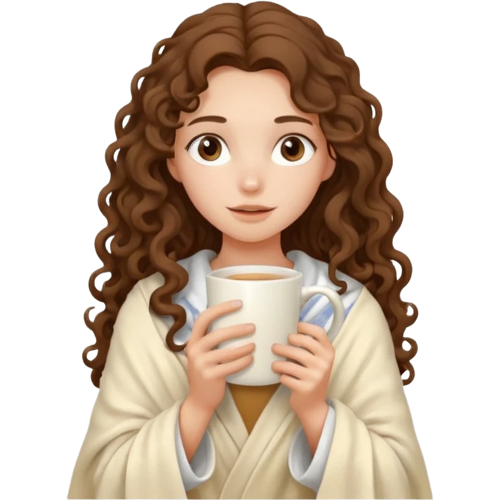 a slender girl with fair skin with long curly brown hair her shoulders are covered with a cream blanket in her hands a white mug her face is calm emoji