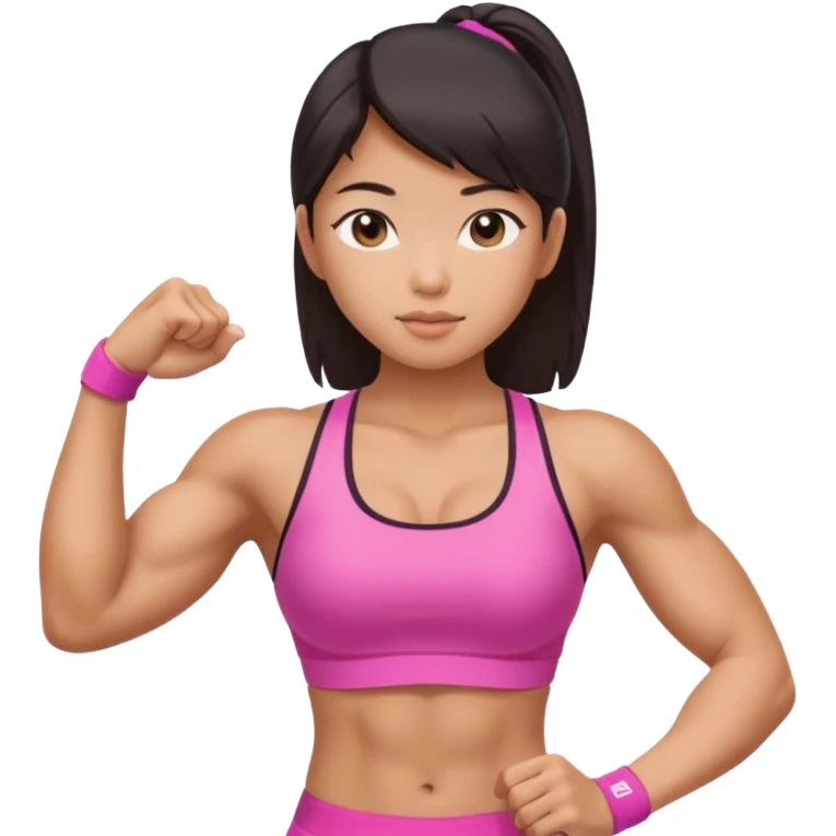 Athletic Asian girl show biceps wearing pink emoji