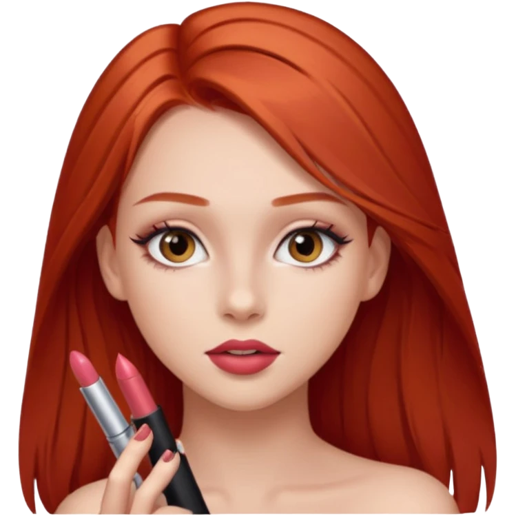 una chica con pose divertida de 18 años con los labios con pintalabios nude y los ojos maquillados, de piel blanca con el pelo liso, largo y pelirrojo, ojos marrones emoji