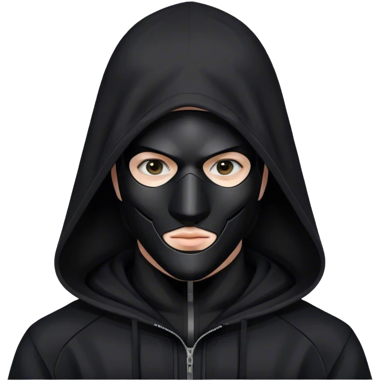 man with black hooded jacket and a full-black full-face geometric mask emoji