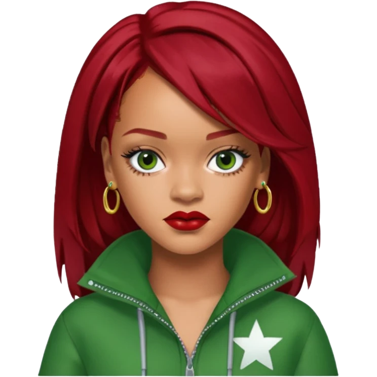 Rihanna dark red hair, green outfit emoji