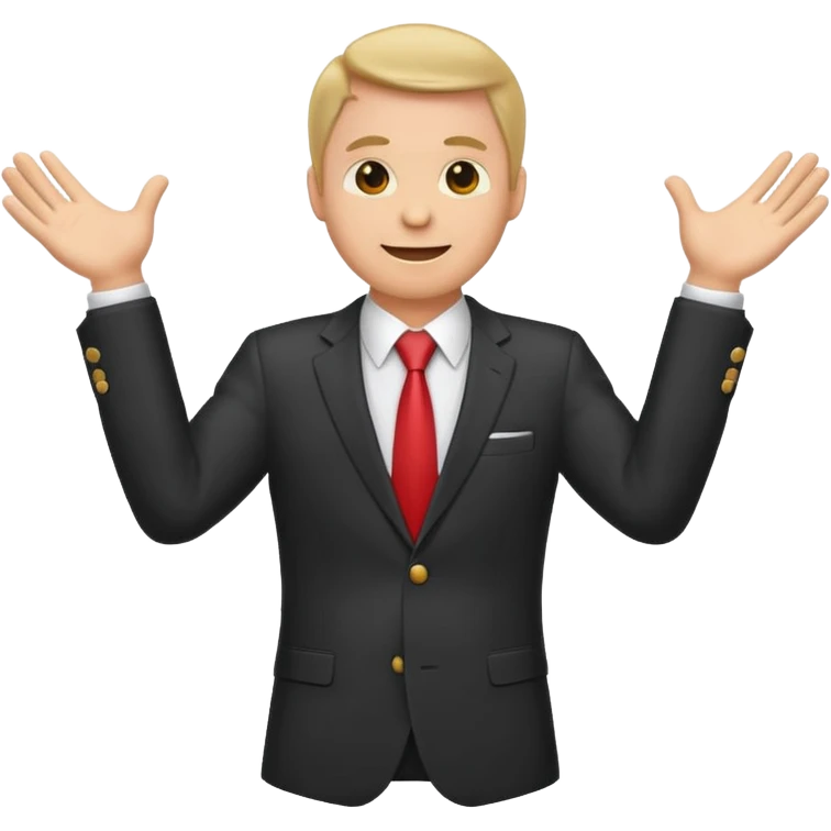 Emoji-style sticker of a man in a suit with arms spread wide to the sides emoji