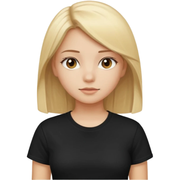 girl with blonde straight hair, brown eyes, wearing black t-shirt emoji