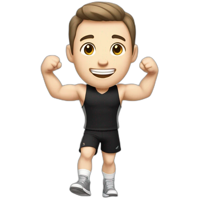 Joyful Celebrating victory Pale skinned Fit Man With the biceps and dark brown hair in black shirt, gray sports shorts and white Sneakers emoji