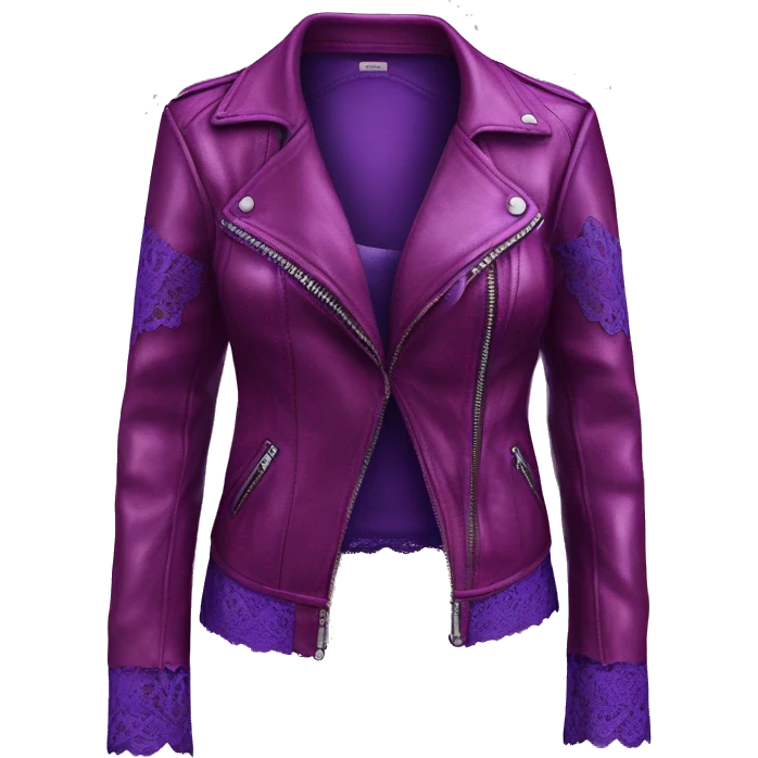 Realistic isolated side view of a metallic magenta open leather jacket with a purple lace camisole underneath it. emoji