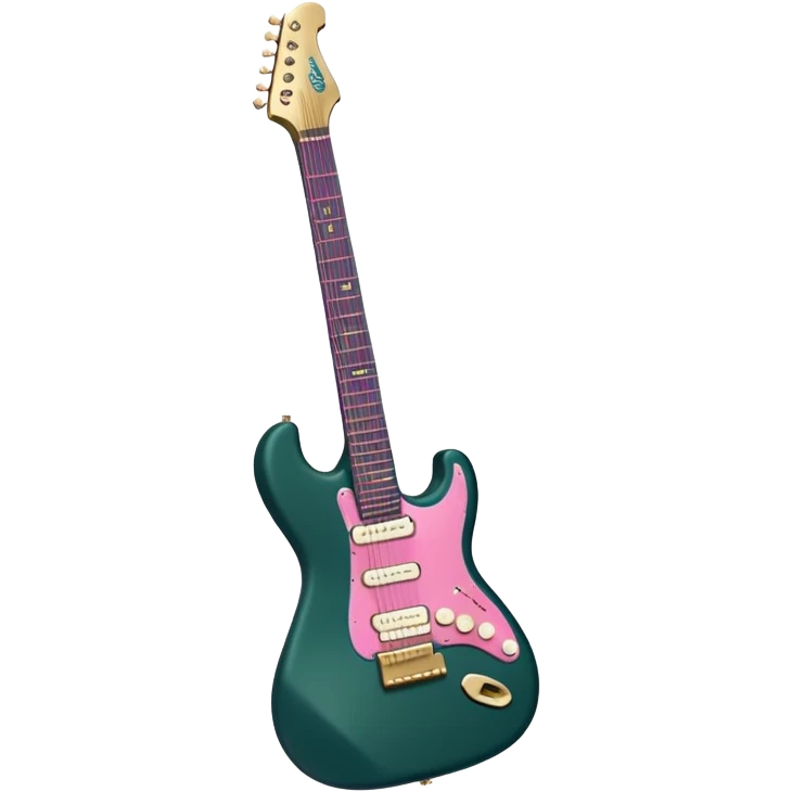 minimalist electric guitar in dark green with pink and blue stripe decal, closed inside a black rectangular hard case with gold latches, flat semi-3D style, soft matte textures, simplified details, stylized decal accent emoji