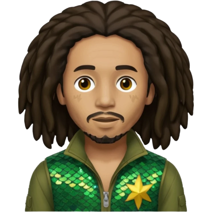Bob Marley with long dark brown hair, olive sequin outfit emoji
