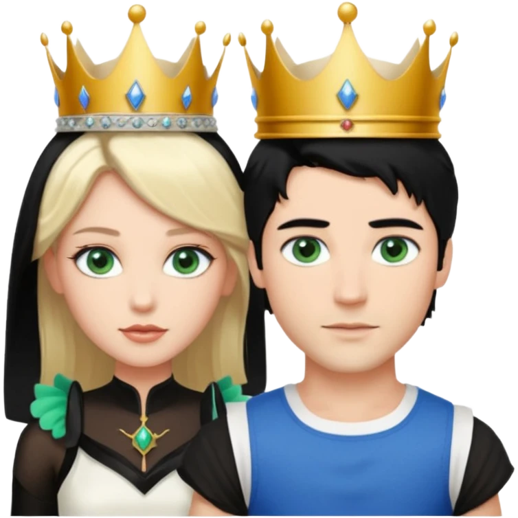 Prince with crown, black hair, blue eyes, woman blonde hair, green eyes, sexy white short sleveless dress,  emoji