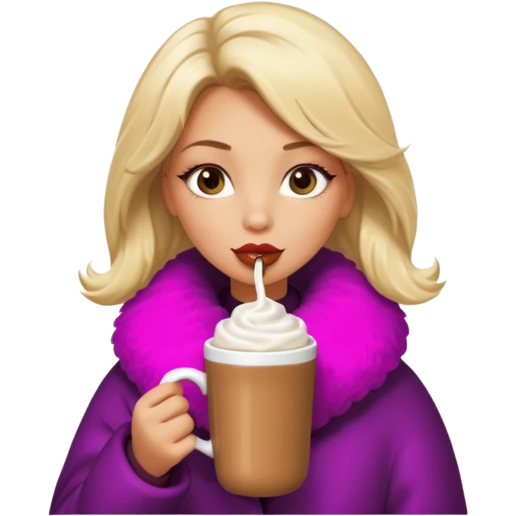 Tanned Girl with lashes , blonde hair, in an extremely big fluffy oversized coat and hold hot chocolate drink and vertically short eyes , big lip emoji