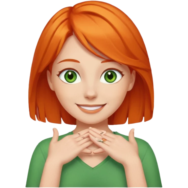 woman with green eyes and orange hair putting her pis on her shoulders (pose) happily  emoji