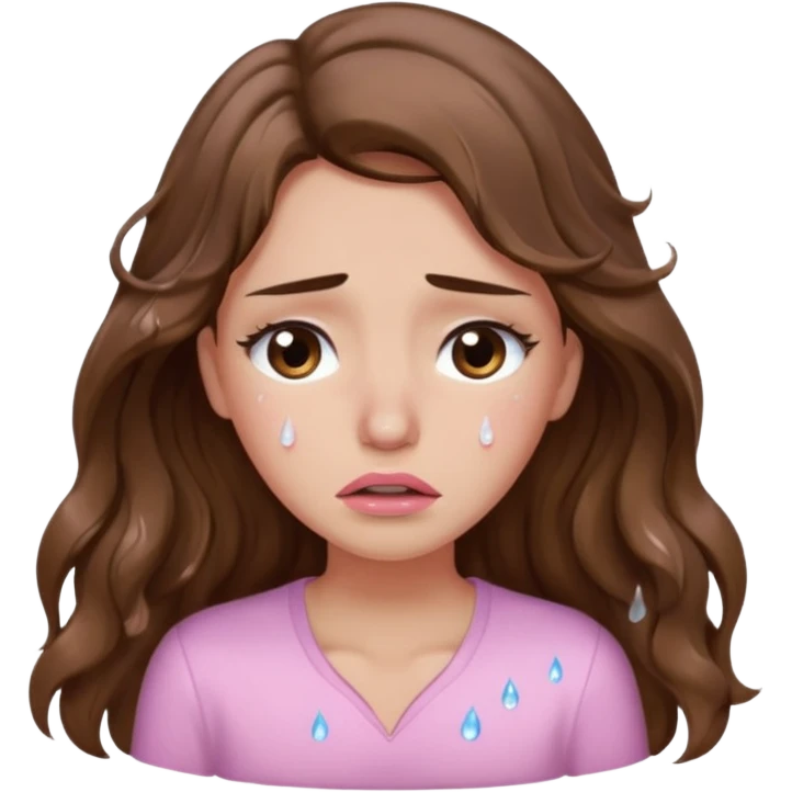 girl with wavy long brown hair, brown eyes, light to medium complexion, long lashes, light pink lipstick, wearing light pink shirt, crying big big tears emoji