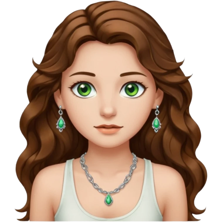 A girl with long brown wavy  hair, green eyes, and a white tank top; she doesn't have bangs. she wear a lot of silver jewerly  emoji