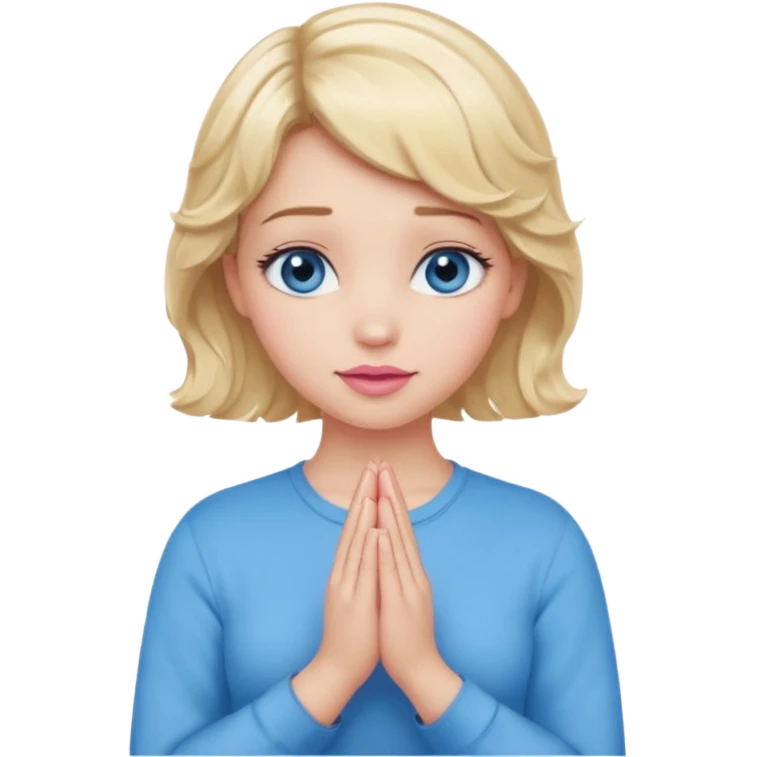 Girl Blonde short wavy hair,  blue eyes, cute blue top, long lashes, pink lips, praying hands emoji
