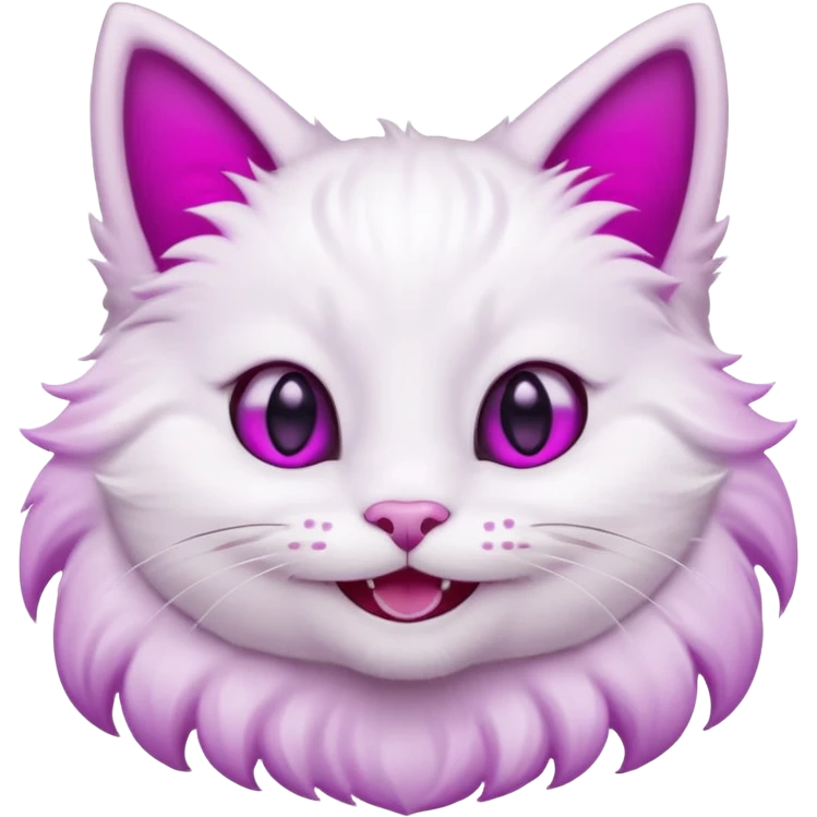 White cat smiling with teeth showing, pink inner ears, magenta purple eyes emoji