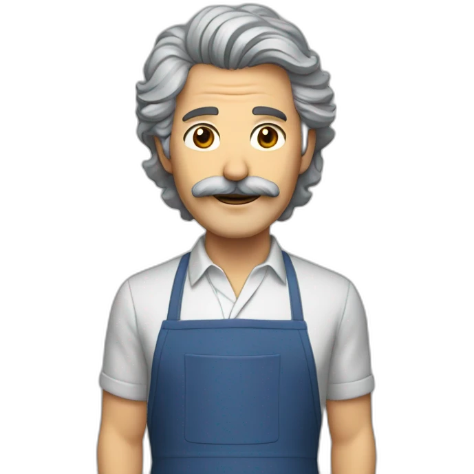 Mature man, gray shaggy hair, brown eyes, mustache, apron emoji