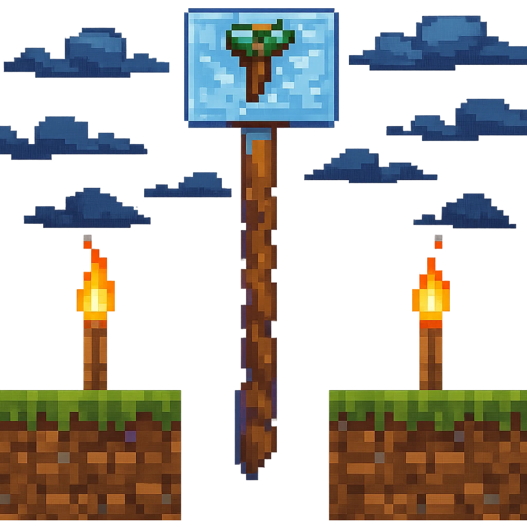 Add animated elements such as flickering torches, moving clouds, or a waving pickaxe, keeping the pixel art Minecraft Twitch starting soon theme. Preserve transparent background in pixel art style. emoji