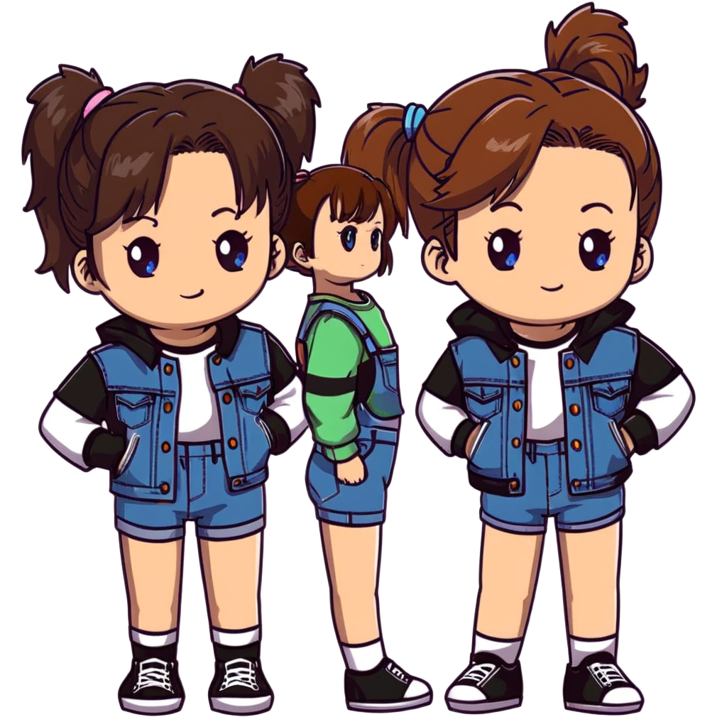 Two anime girls who are best friends, both with brown shoulder length hair. First girl has blue-green eyes, wearing black and white striped t-shirt, denim jacket, and denim shorts. Second girl has brown eyes, wearing denim overalls, with hair in a ponytail secured by a claw clip. emoji