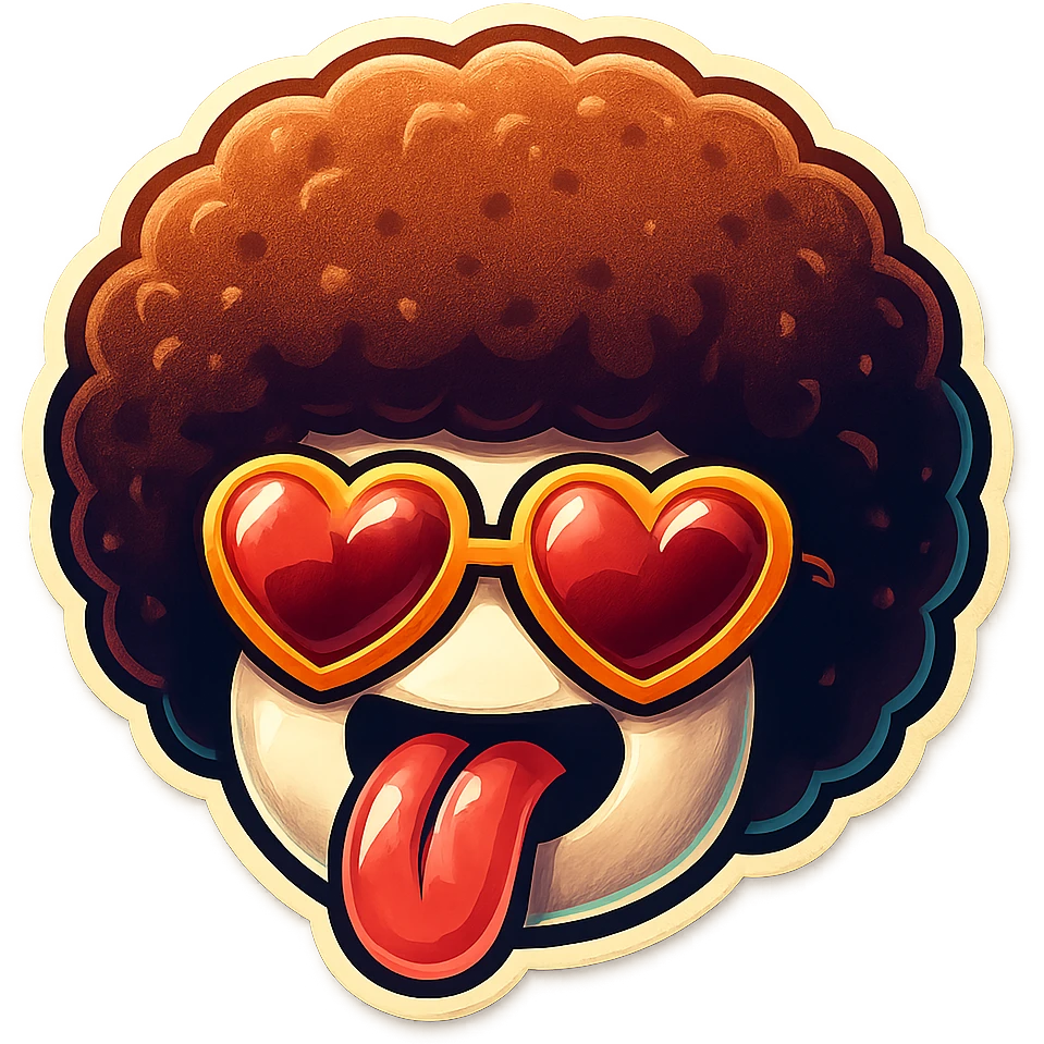 White circle face, afro, heart glasses, big heart eyes, tounge rolled out emoji