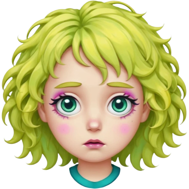 messy, wavy chartreuse hair, with pink specks, bushy eyelashes, and big round eyes, with irises that are teal on the outside and yellow on the inside while making a pouty face more light on the hair pls emoji