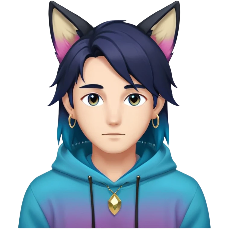 anime man with straight long dark-blueish-black-gradient hair, long black fox ears with pink Scapha, hazel-gradient-brown-turquoise eyes, gold earring hanging from fox ear, dark-blue-sweater emoji