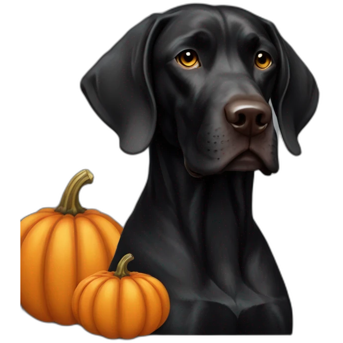 all black german short haired pointer with a pumpkin emoji