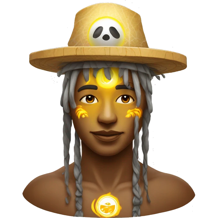 Shamanic rituals for influencing weather, shaman wearing belgian soccer team bucket hat, sun is shining emoji