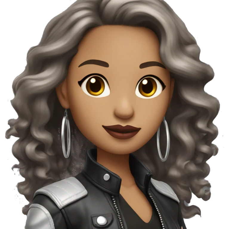 Light skin Glamour brunette in leather jacket long wavy dark hair and silver hoop earrings emoji