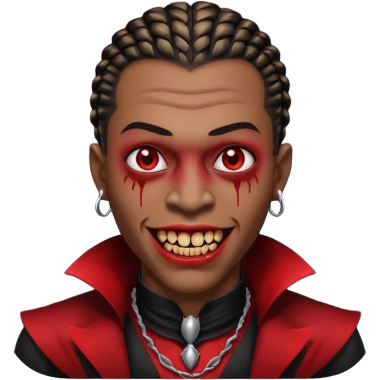 A black guy with cornrows and vampire teeth bleeding out emoji