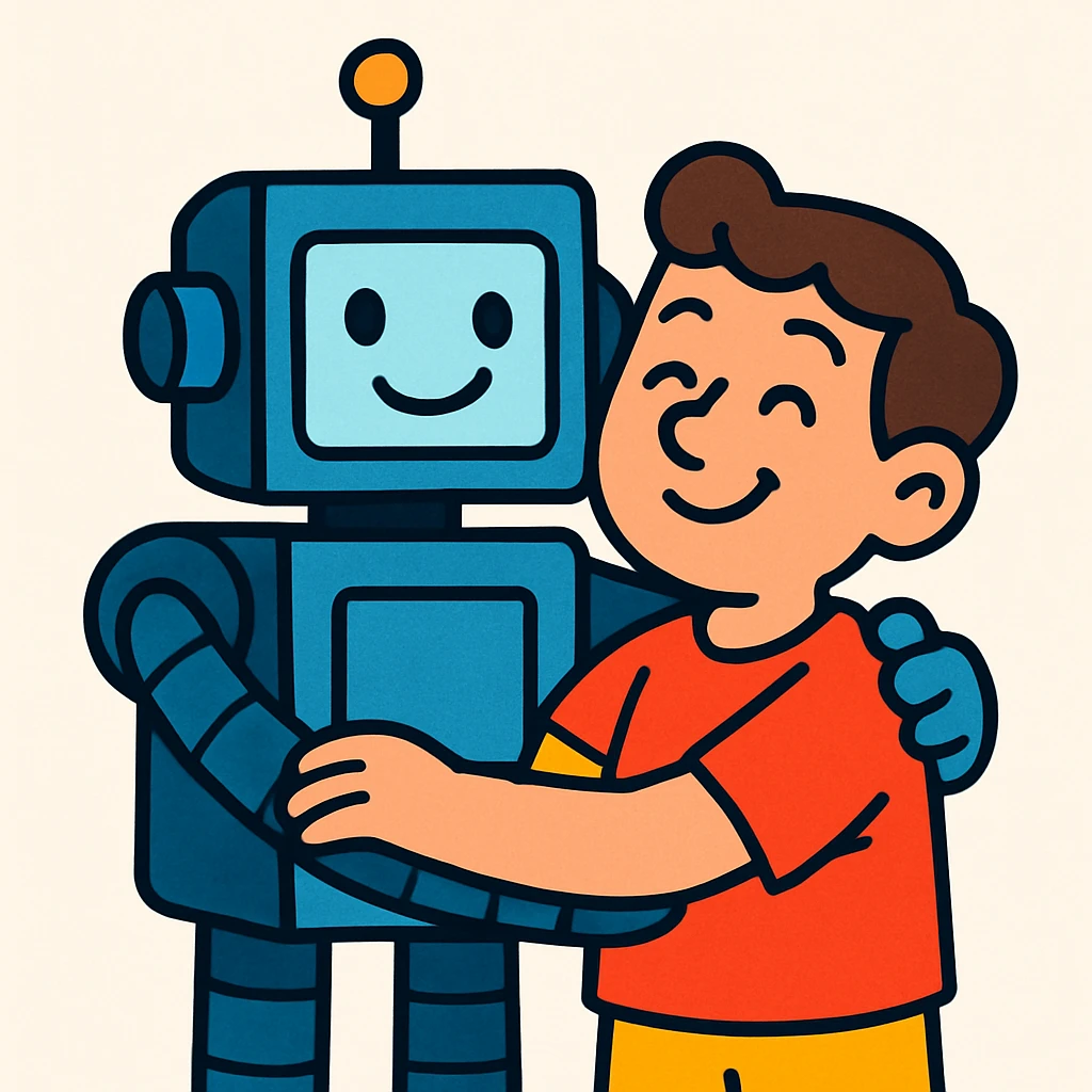 robot hugging human, in a friendly cartoon style emoji