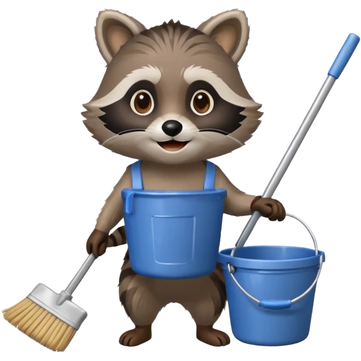 raccoon emoji with a mop and bucket, minimal details, cheerful, apple emoji style emoji
