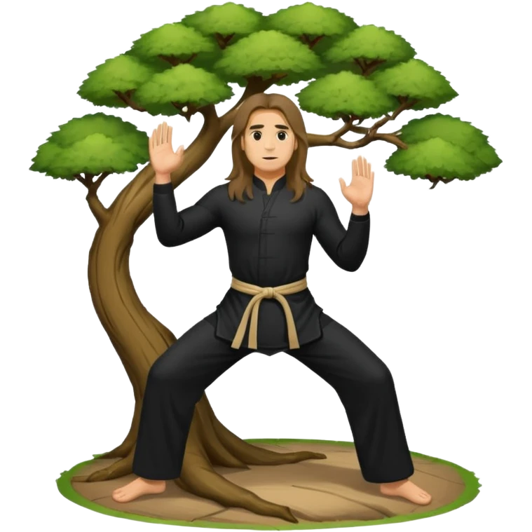 pratiquant de qi gong, homme aux cheveux long, en position de l'arbre, en tenue noire ou blanche. L'image ne contiendra pas d'arbre emoji