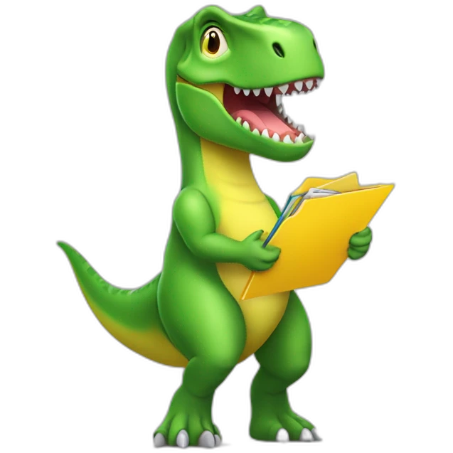 Green T-Rex dinosaur with yellow folder in hand emoji