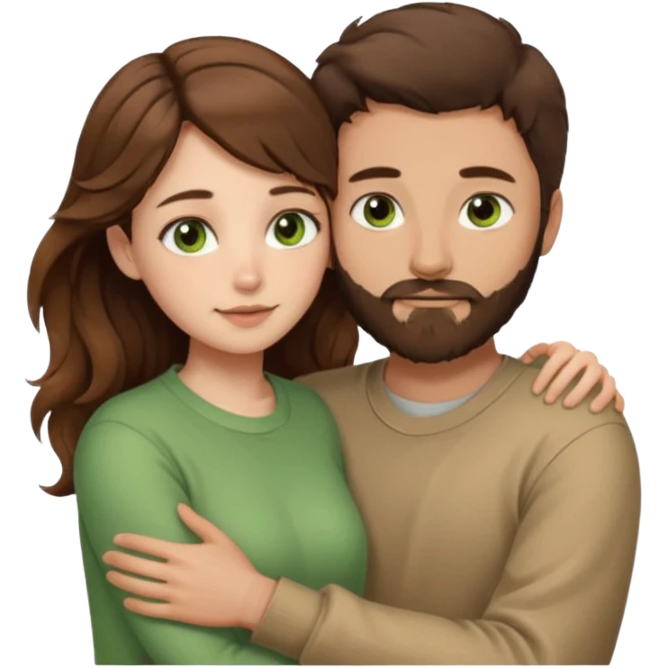 a man with short brown hair and brown beard with brown eyes and a girl with long brown wavy hair with green eyes, togheter. neutral clothes, hugged each other emoji