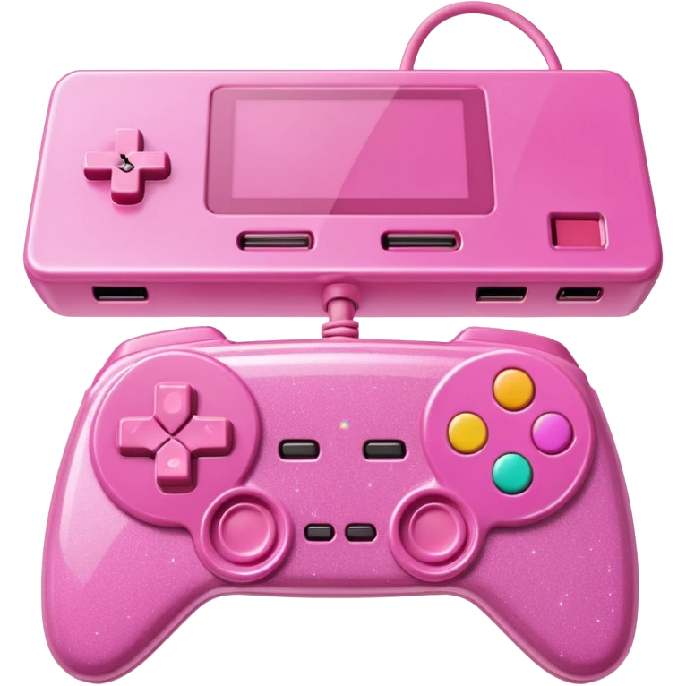 glittery pink 90s retro game console with pink corded controller next to it emoji