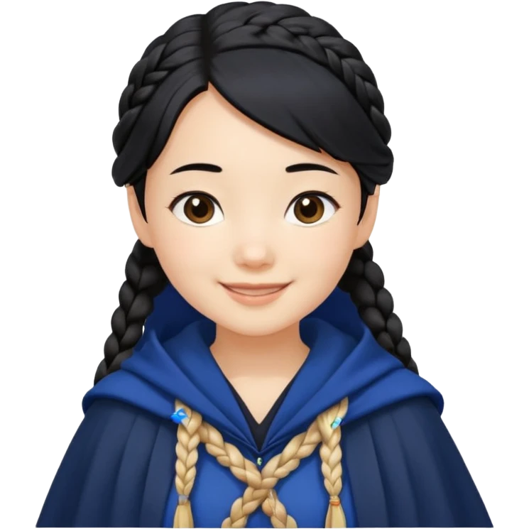 braid black hair, white asian girl, dark blue cloak, happy smile emoji