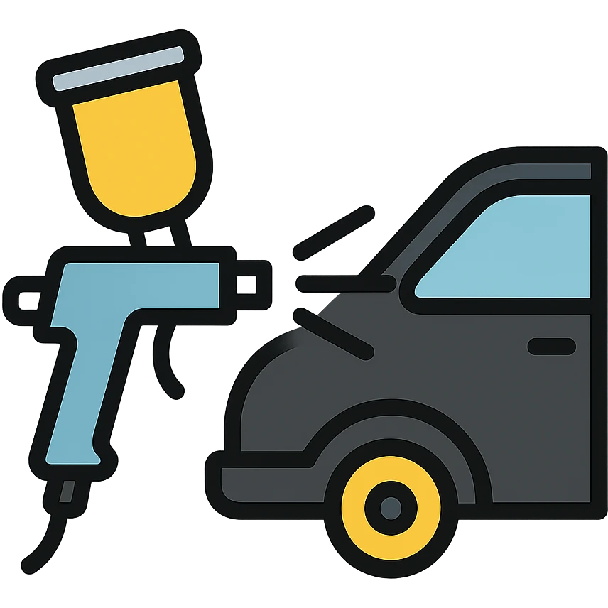 paint spray gun pointing at a section of a car, light layer of glossy black paint spraying out, main color glossy black with silver details, clean lines, modern and clean style, no excess paint emoji