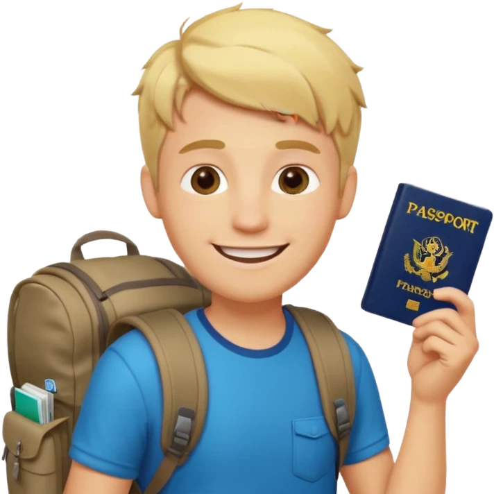 blonde haired Traveler character with passport, backpacker, male emoji