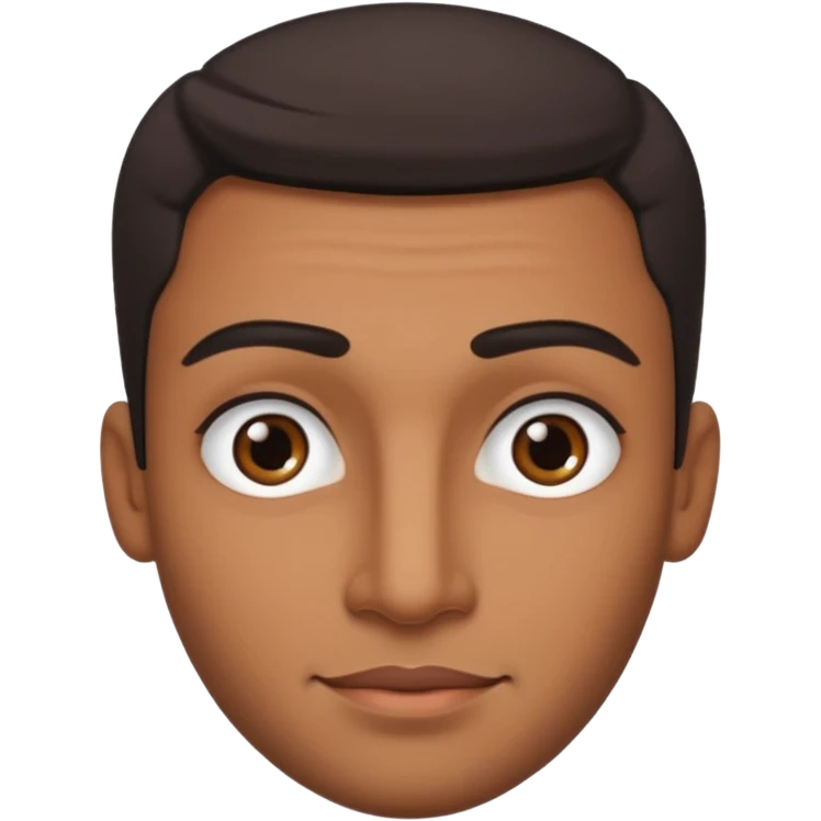Dark olive skin man, center rised eyebrows, very light smile so that lips are very close to liner and horizontal, some how liner and small eyes emoji