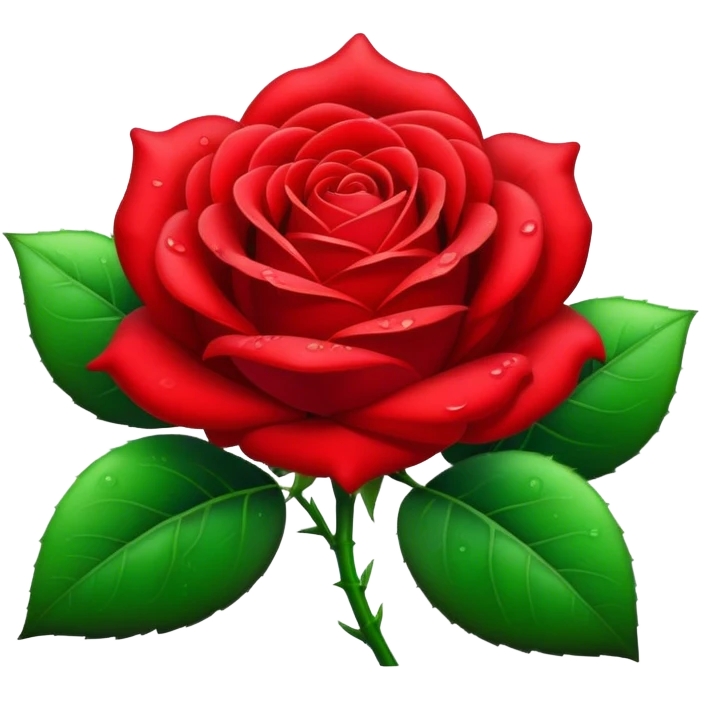 Cinematic Realistic Rose Emoji, Elegant and full of grace, with velvety, deep red petals unfurling in a perfect bloom, dew drops glistening on the soft edges, and a faint fragrance hanging in the air. The lush green leaves surround the stem, creating a vibrant contrast to the rich color of the petals. Soft glowing outline, capturing the essence of timeless beauty and romance in a single bloom. emoji