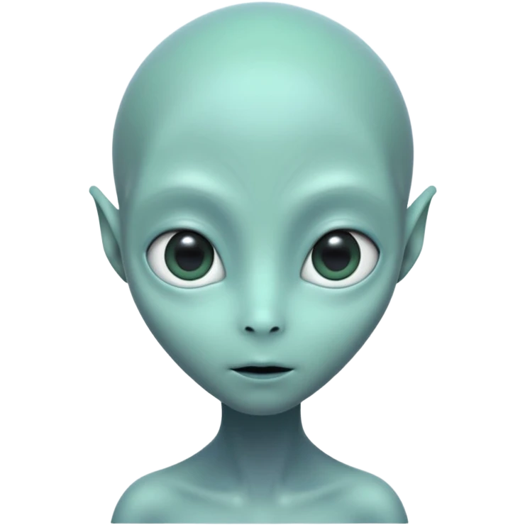 Portrait of an alien with smooth greenish-blue skin, large black oval eyes, small nose, and no visible ears, elongated head, front-facing, calm expression, soft glow, simple futuristic design emoji