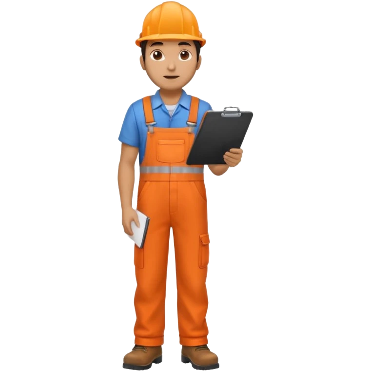 Indian male railway engineer orange overalls, boots holding a clipboard back view emoji