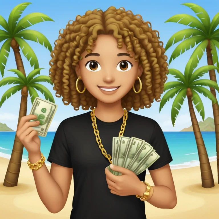 Happy mixed-race person with curly hair in black t-shirt and gold chain, holding money, palm tree beach background emoji