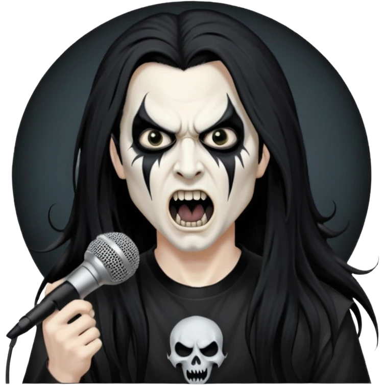 Black metal musician with corpse paint, long hair, screaming with mirophone emoji