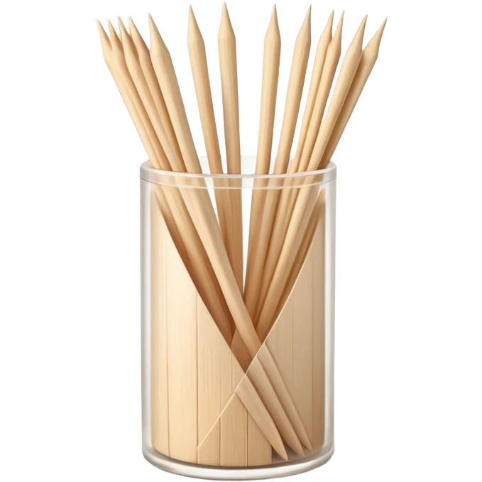 small bundle of pointed wooden toothpicks, loosely fanned or partially contained in a clear cylindrical dispenser, light beige sticks with tapered ends, smooth texture, slight variation in angle, no mouth, hand, or extras, soft lighting, subtle shadows, emoji scale emoji