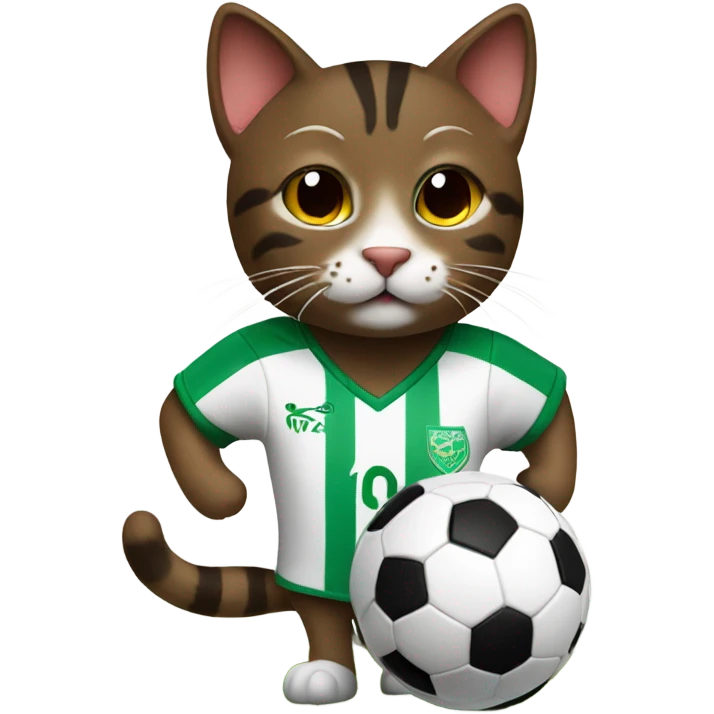 dark brown tabby cat playing soccer in a soccer jersey emoji